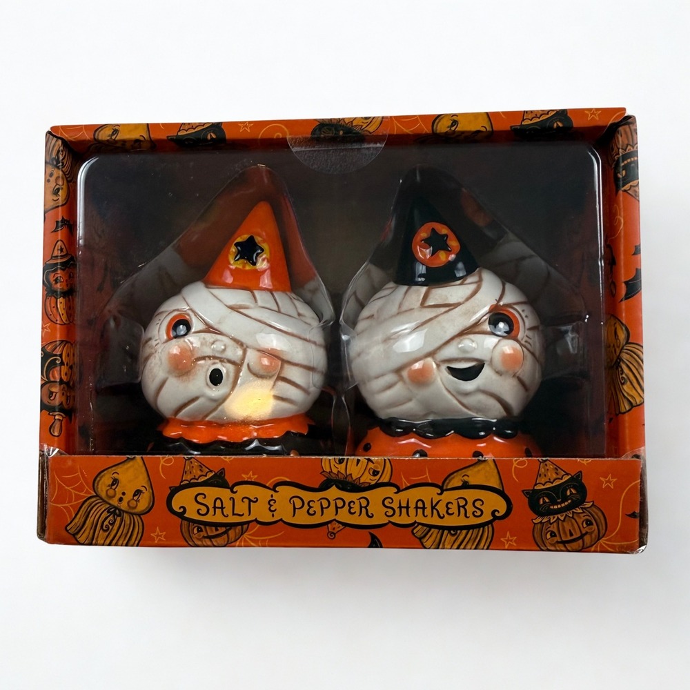 Johanna Parker Mummy Salt & Pepper Shakers Orange Halloween Folk Art Spooky